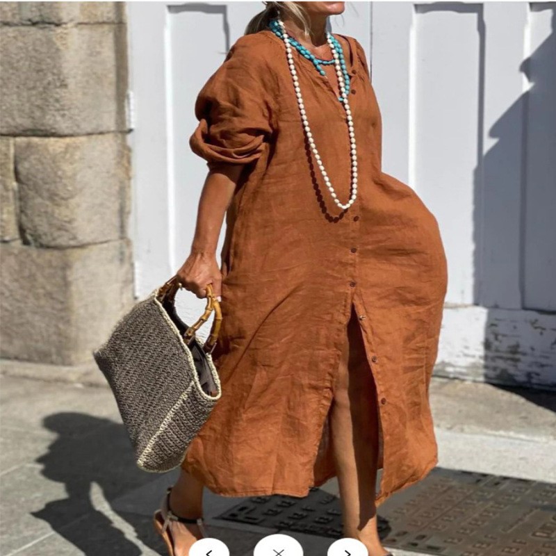 Casual Loose Linen Shirt Dress - Abito Elegante Primaverile in Cotone e