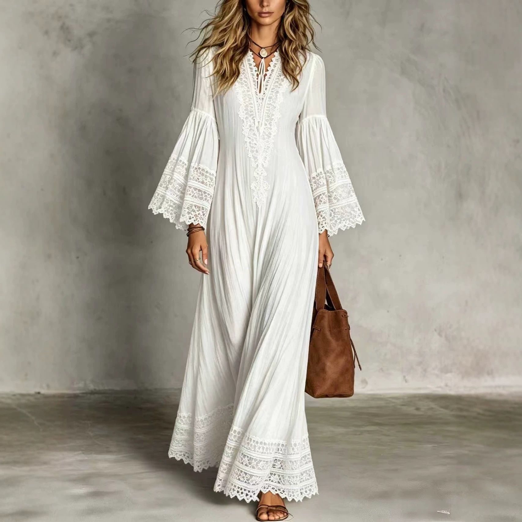 Boho Summer Beach Maxi Dress - Abito lungo elegante in pizzo da