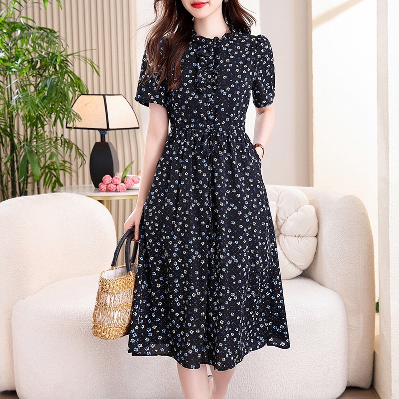 French Vintage Floral Midi Dress - Abito midi vintage blu navy con