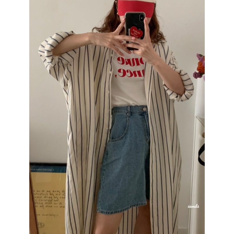 Korean Style A Line Shirt Dress - Abito coreano minimalista a righe con